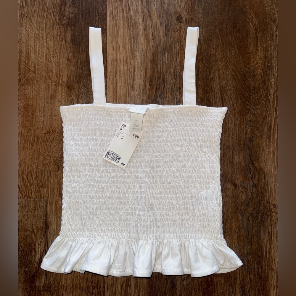White Smocked Ruffle Hem Top